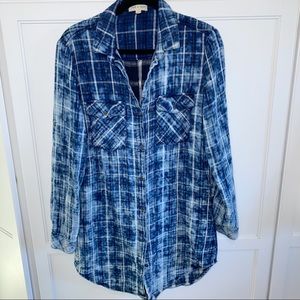 Cloth & Stone |  Tunic Shirt Dress Blue Plaid Tie Dye Crinkle Long Sleeve Large